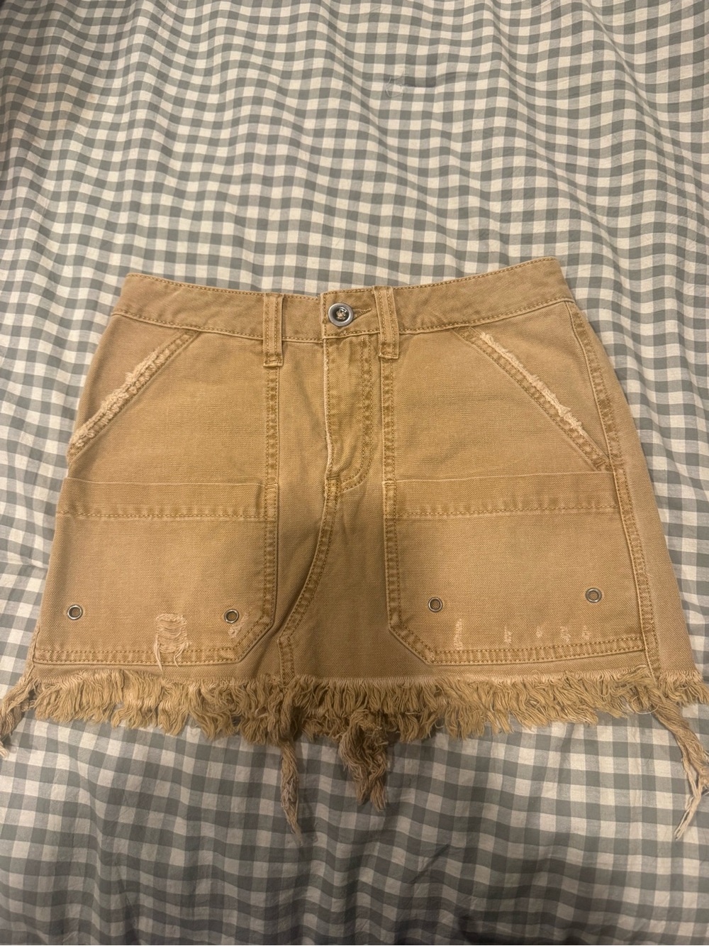 Free People Tan Frayed-Hem Utility Mini Skirt